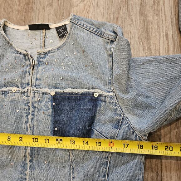 Vtg Express Denim Jacket Womens L Raw Hem Rhinestones 90s Festival Scene Grunge - Picture 8 of 9